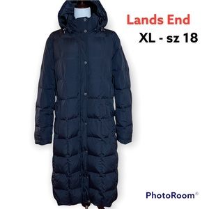 Lands End Long Down Winter Coat w/ Hood - Quilted Baffled Black sz XL 18